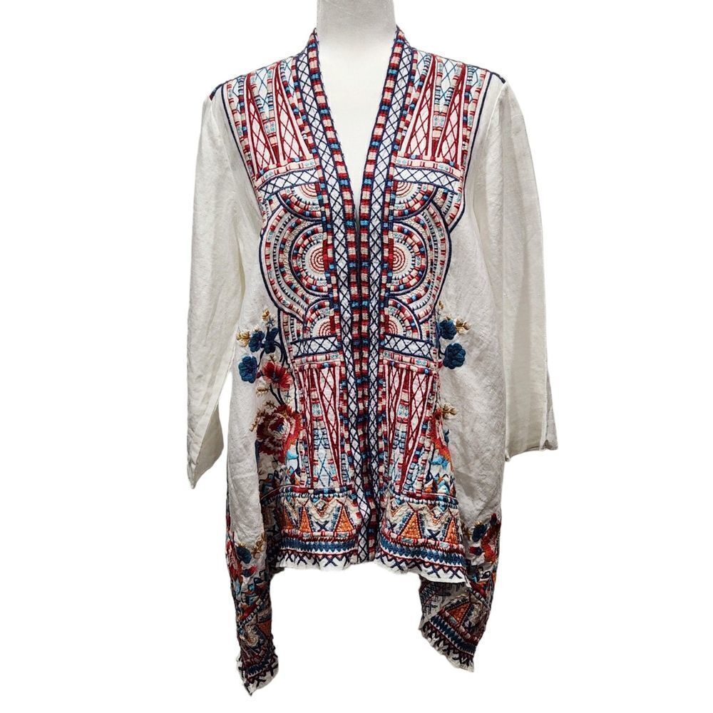 Johnny Was JWLA Linen White Embroidered Open Front Tunic Kimono, M